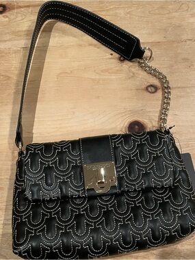 NWT True Religion Black Quilted Shoulder Bag with Gold Chain Western Horseshoe